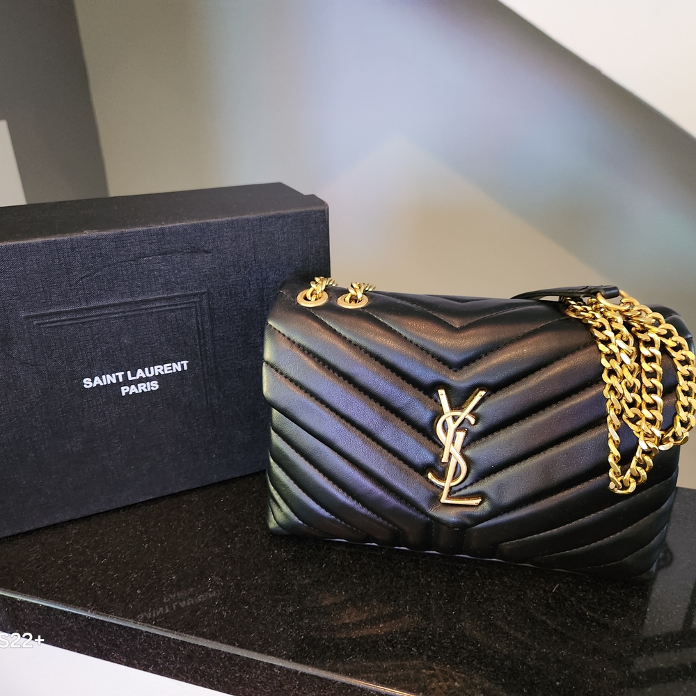 Saint Laurent Black and Gold Crossbody Bag with Chevron Quilting